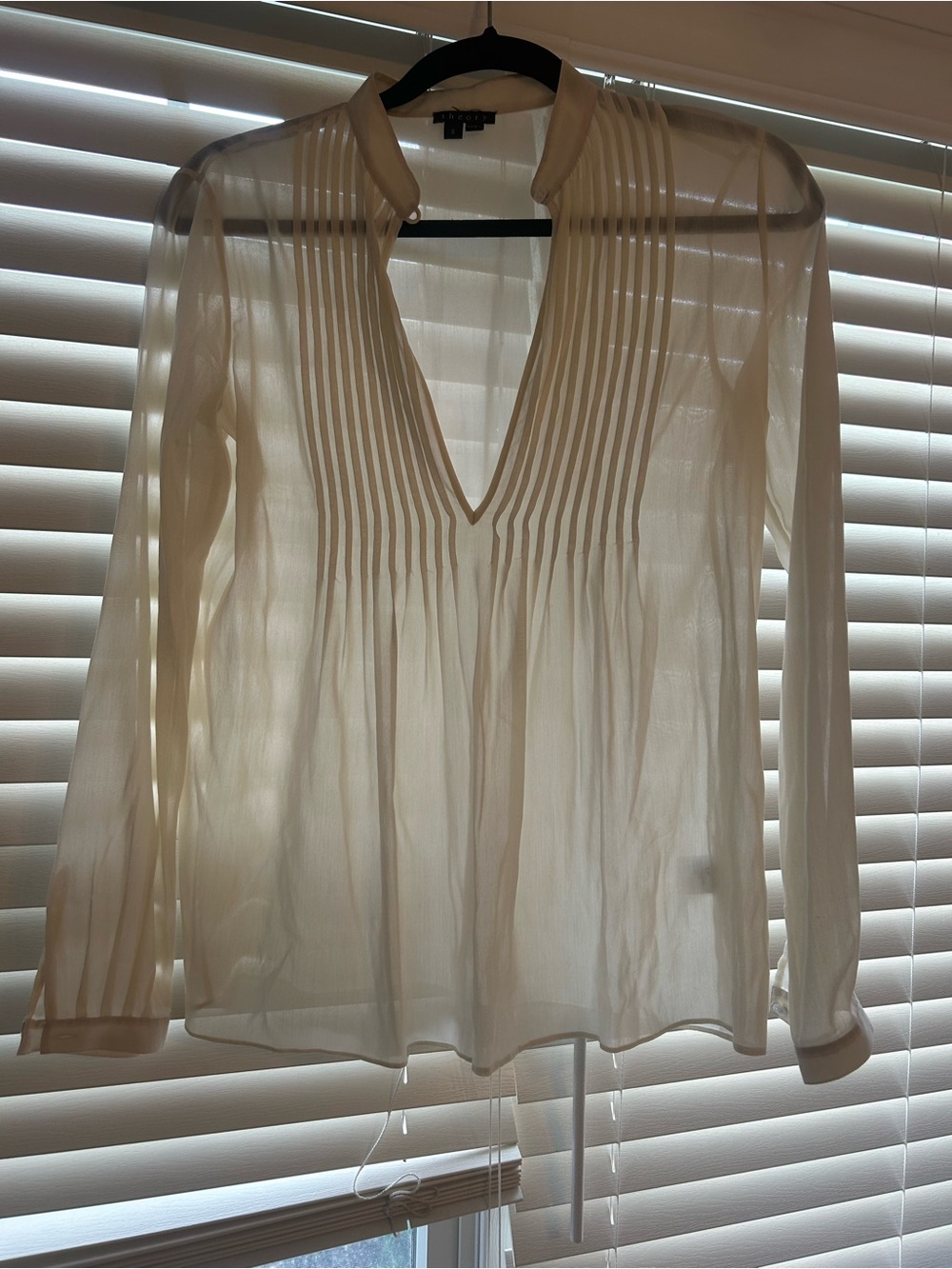 Theory Ivory Pintuck V-Neck Sheer Blouse